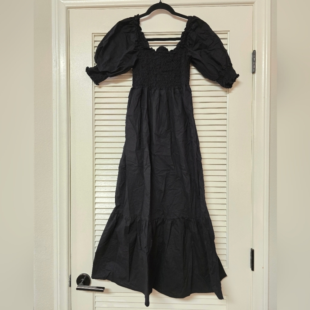 L.N.V - 100% Cotton Black A-Line Smocked Dress With Side Leg Slit